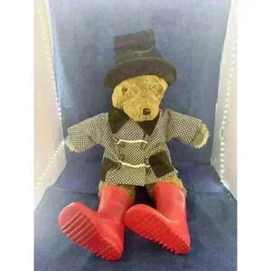 VTG RARE Mohair Paddington Bear Jacket Rain Boots & Hat, 24” Made In Britain EUC